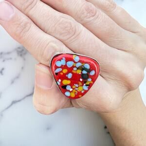 Mod Confetti Glass Ring Fused Art Glass Ring Bold Retro Statement Sz 6 Vintage